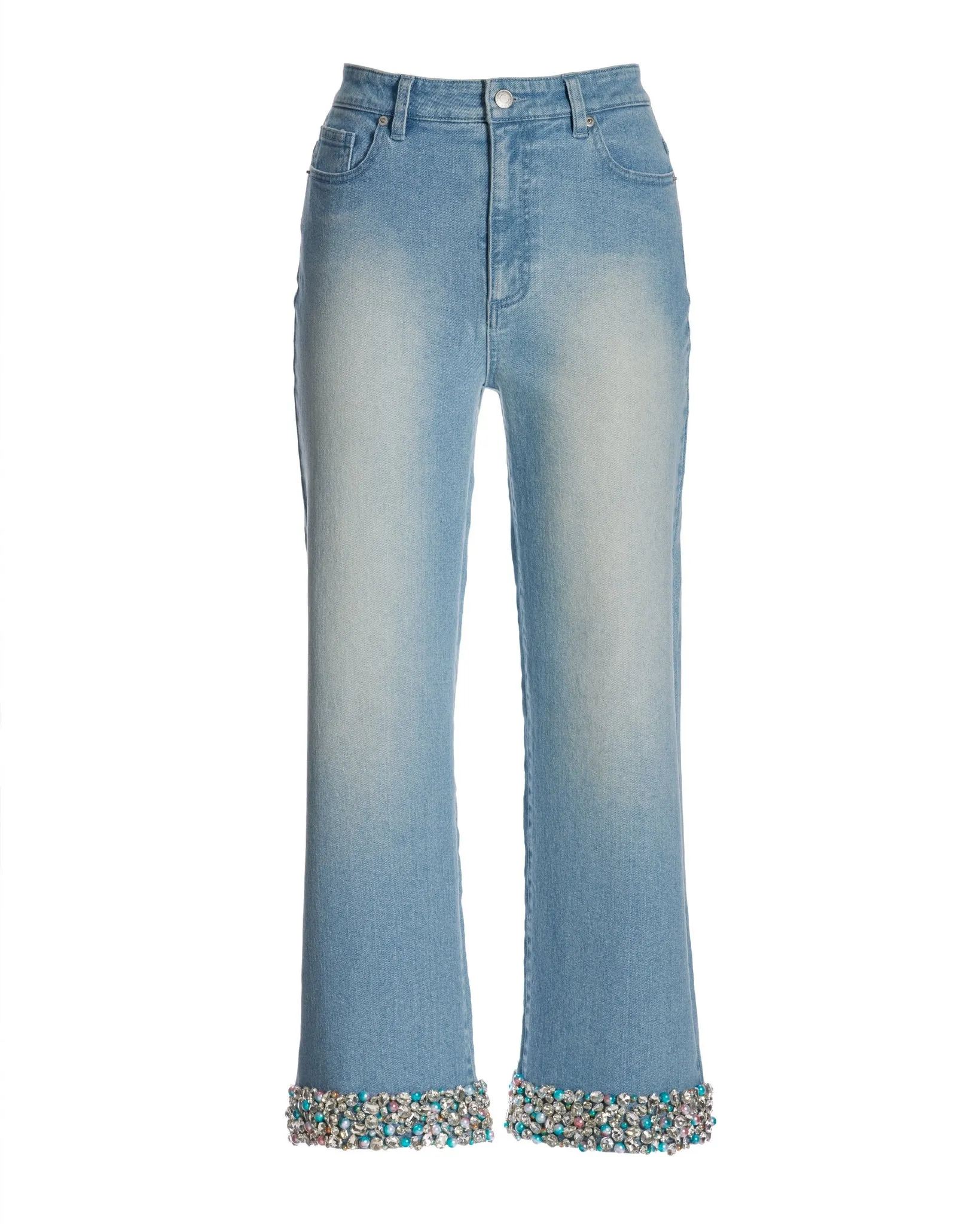 Malibu La Sirena Crystal and Pearl Cropped Palazzo Jean Light Wash Denim