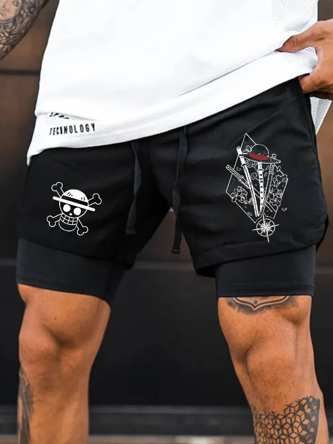 Men's Casual Fashion Three-Flow Printed Fake Two-Piece Shorts