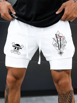 Men's Casual Fashion Three-Flow Printed Fake Two-Piece Shorts