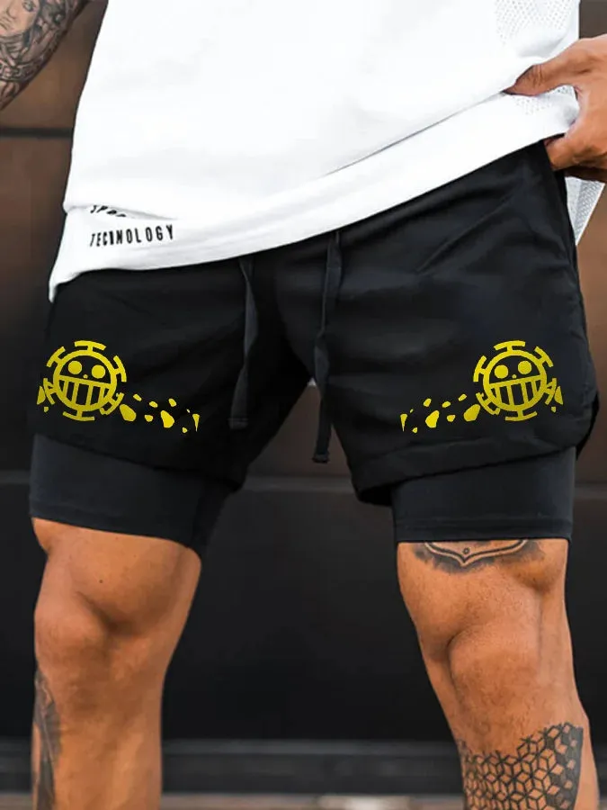 Men's Double Layer Anime Digital Print Beach Shorts