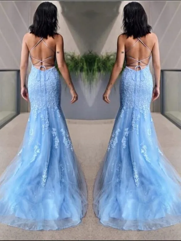 Mermaid Backless Light Blue Lace Long Prom Dresses, Mermaid Blue Formal Dresses, Light Blue Lace Evening Dresses
