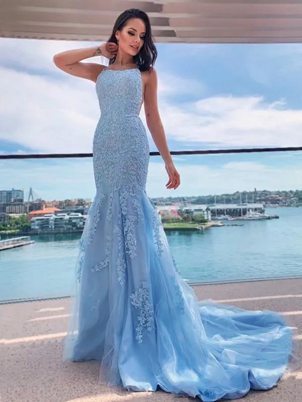 Mermaid Backless Light Blue Lace Long Prom Dresses, Mermaid Blue Formal Dresses, Light Blue Lace Evening Dresses