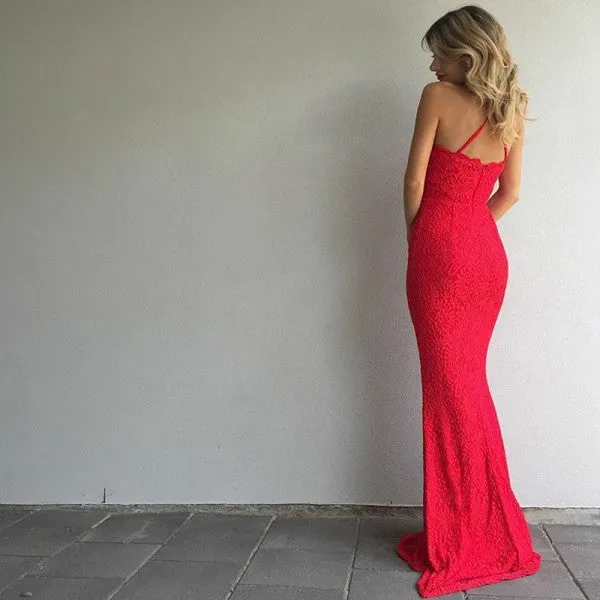 Mermaid Halter Backless Sweep Train Red Lace Prom Dresses Online, QB0249
