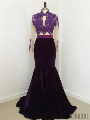 Mermaid High Neck Long Sleeves Purple Prom Dress, PD0999
