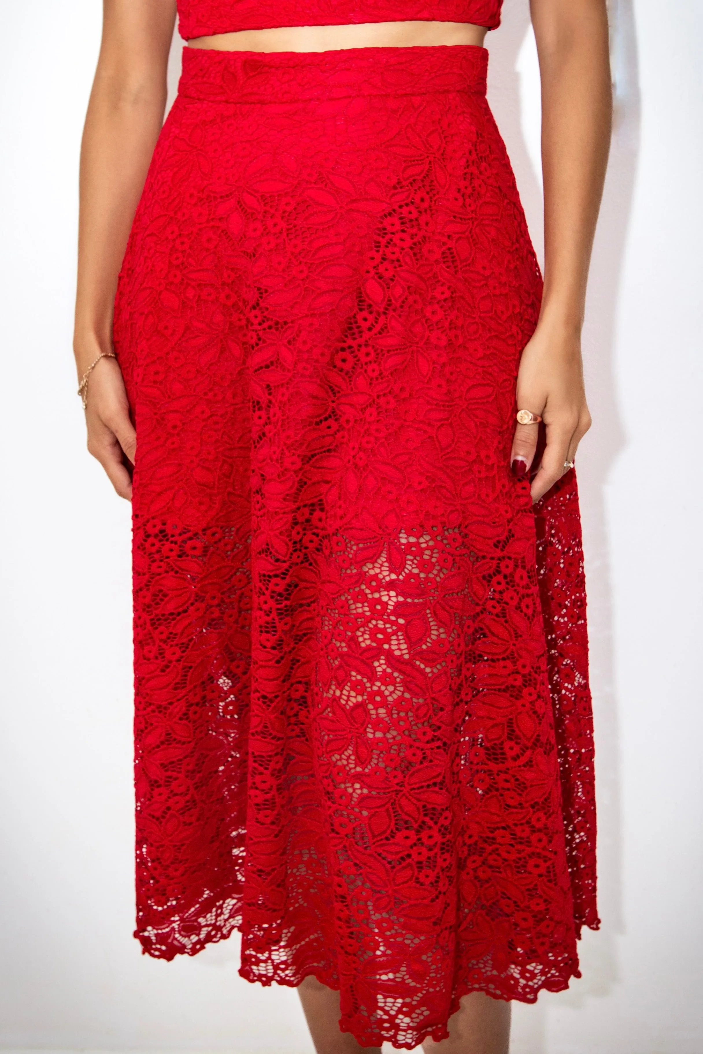 Mindy Cropped Top & Midi Skirt Red Lace Set