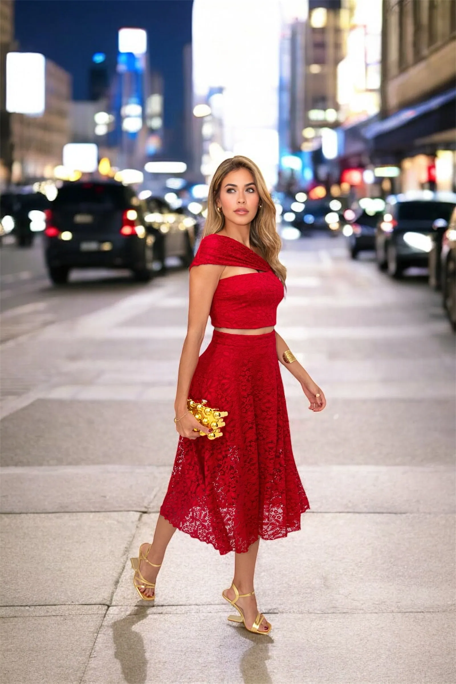Mindy Cropped Top & Midi Skirt Red Lace Set