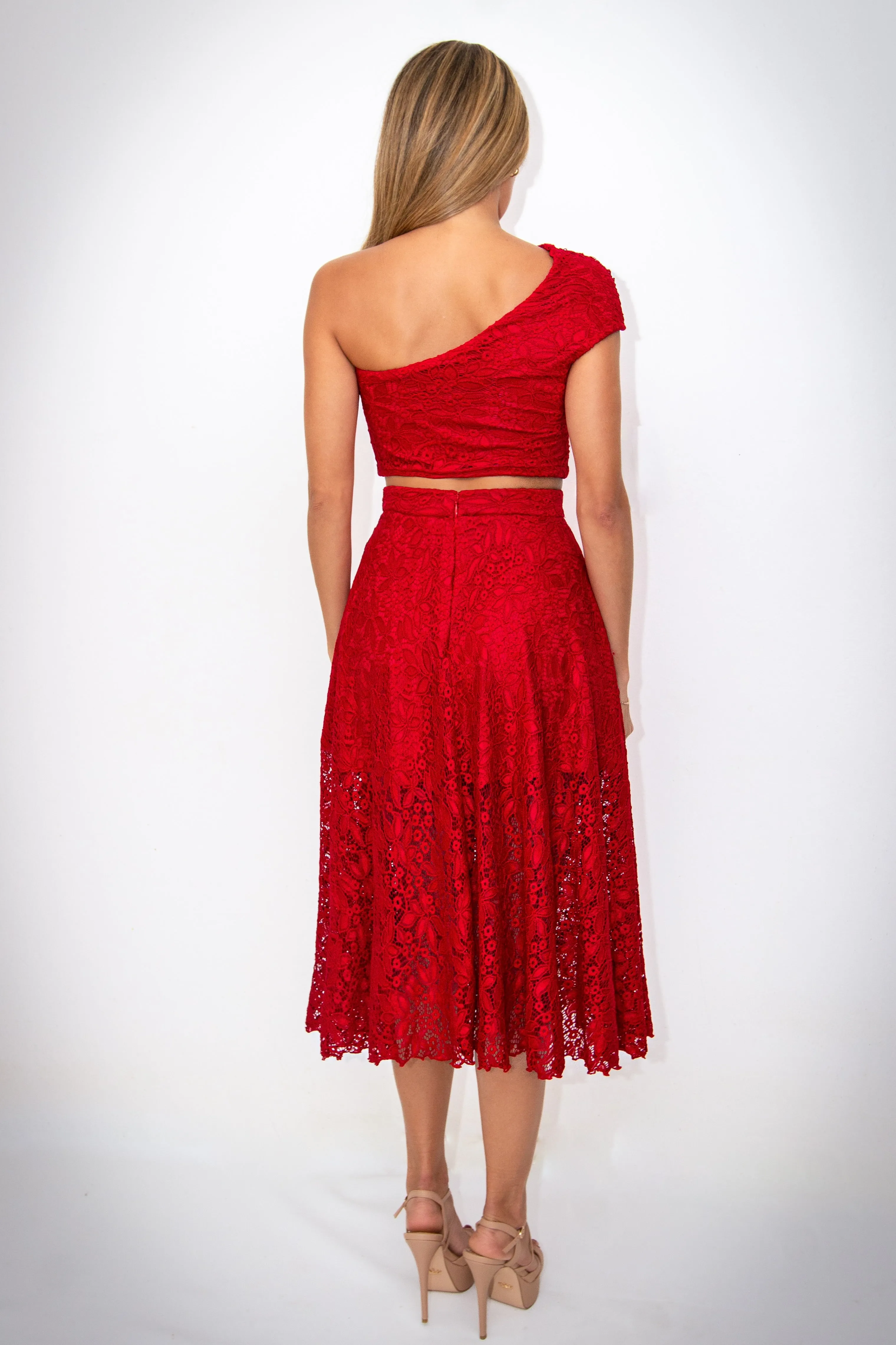Mindy Cropped Top & Midi Skirt Red Lace Set