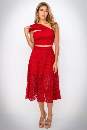 Mindy Cropped Top & Midi Skirt Red Lace Set