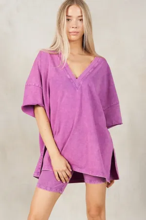 Mineral Washed Biker Short Set - Magenta