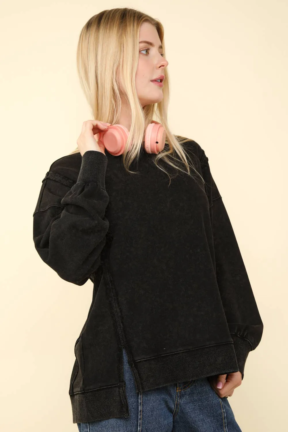 Mineral Washed French Terry Oversized Knit Top: Black