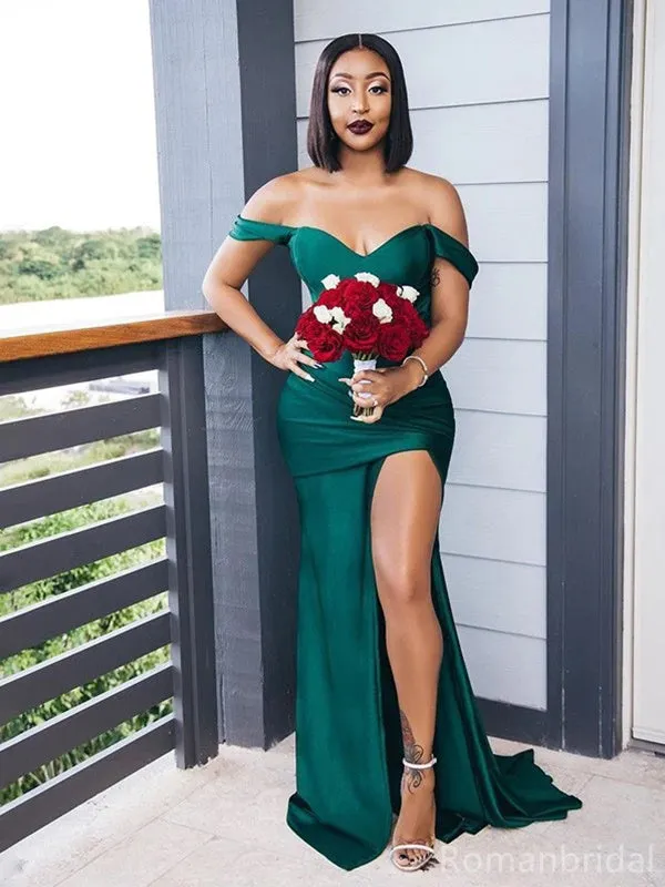 Mismatched Emerald Green Off the Shoulder Mermaid Satin Cheap Bridesmaid Dresses online, BG258