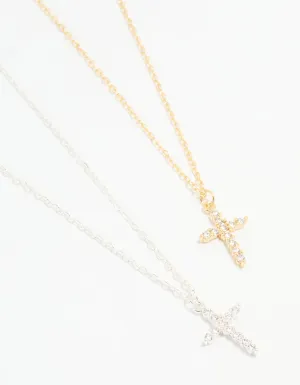 Mixed Metal Cross Cubic Zirconia Pendant Necklaces 2-Pack