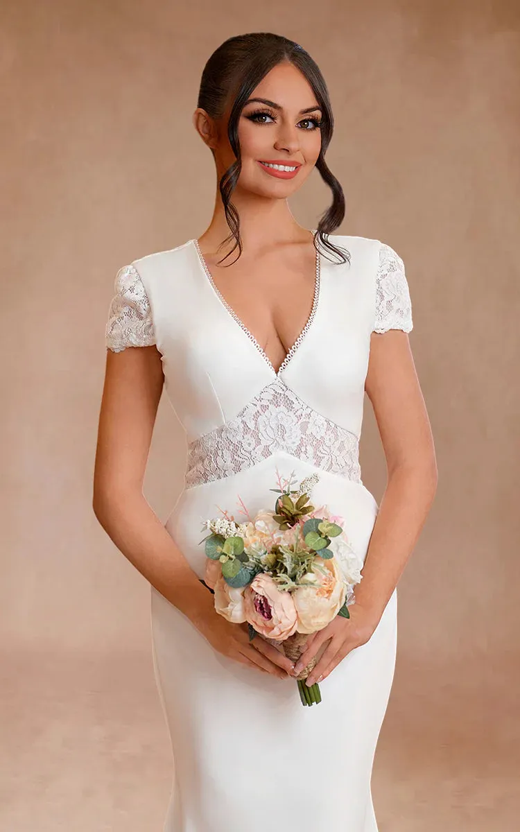 Modest Simple Sheath Short Sleeve Empire Floor-Length Sweep Train Chiffon V-neck Wedding Dress
