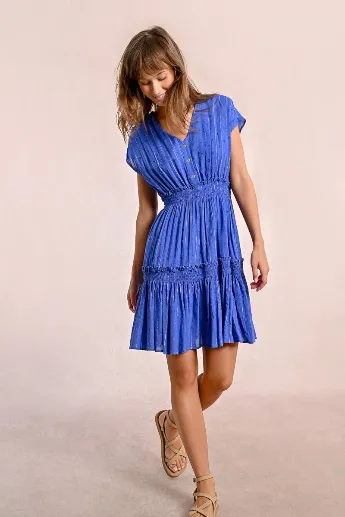 Molly Bracken Blue Short Metallic Striped Dress
