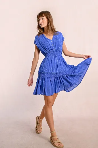 Molly Bracken Blue Short Metallic Striped Dress