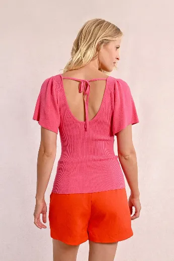 Molly Bracken Pink Ribbed Top With Ruffled Sleeve