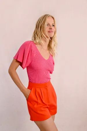Molly Bracken Pink Ribbed Top With Ruffled Sleeve