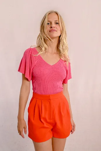 Molly Bracken Pink Ribbed Top With Ruffled Sleeve