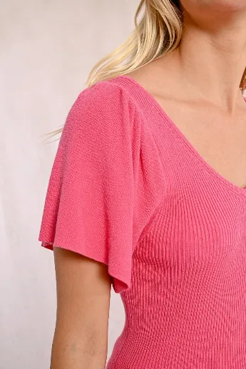 Molly Bracken Pink Ribbed Top With Ruffled Sleeve