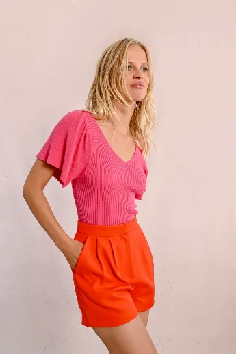 Molly Bracken Pink Ribbed Top With Ruffled Sleeve