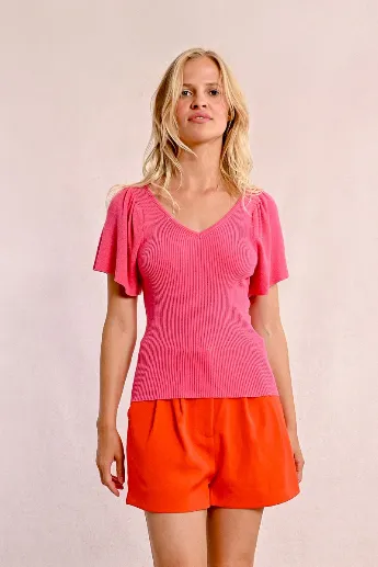 Molly Bracken Pink Ribbed Top With Ruffled Sleeve