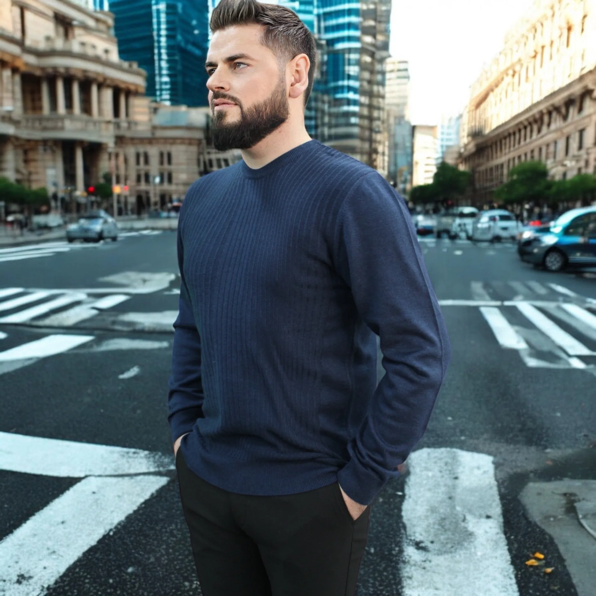 Navy Blue - Crew Neck - Wool-   Essential  Sweater