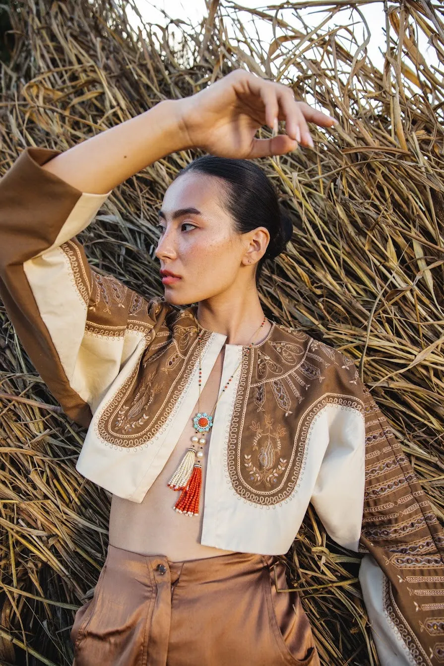 New Season Summer to Fall 2024-Crop Top Two Toned Poly Wool Off White Brown-TB/WC/064-Suzanne-Fashion Edit Hemji