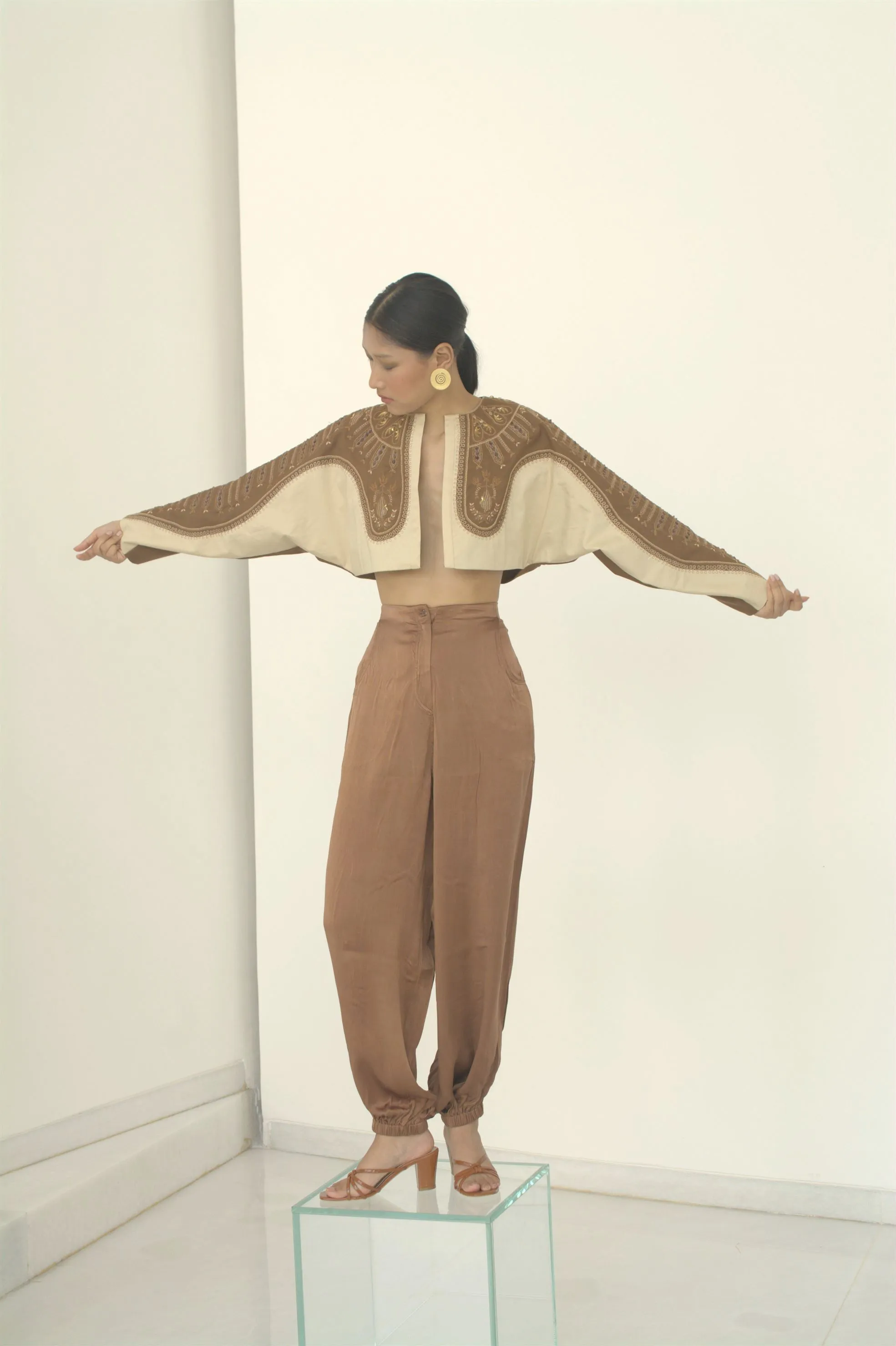 New Season Summer to Fall 2024-Crop Top Two Toned Poly Wool Off White Brown-TB/WC/064-Suzanne-Fashion Edit Hemji