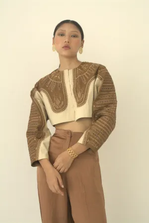 New Season Summer to Fall 2024-Crop Top Two Toned Poly Wool Off White Brown-TB/WC/064-Suzanne-Fashion Edit Hemji