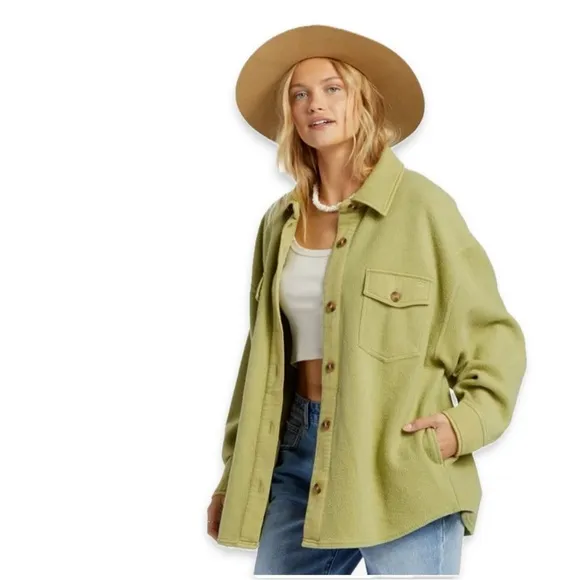 NWT Billabong Anytime Shacket Oversized Button-Through Jacket Small green fleece