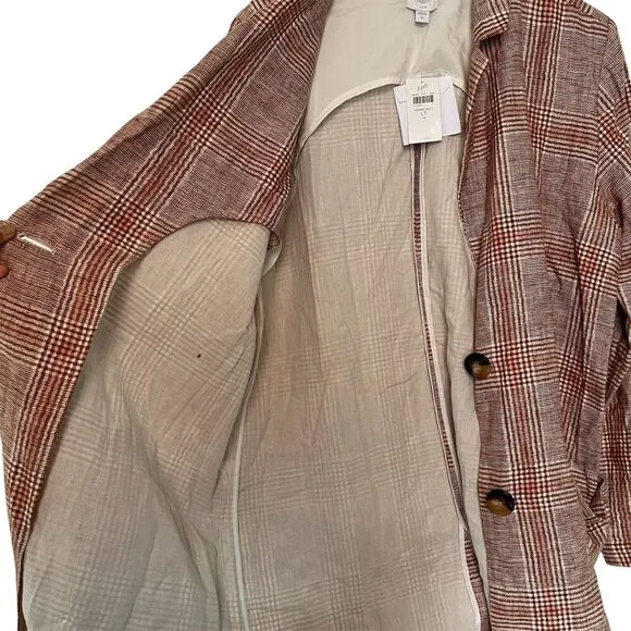 NWT J. Jill Linen Blend Oversized Plaid Blazer Jacket LT