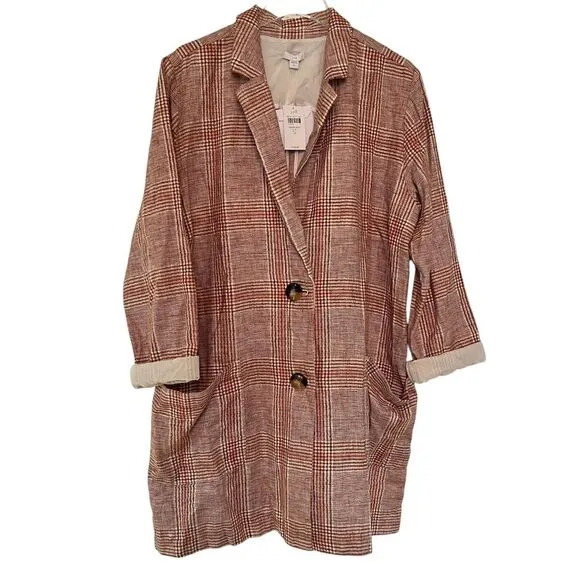 NWT J. Jill Linen Blend Oversized Plaid Blazer Jacket LT
