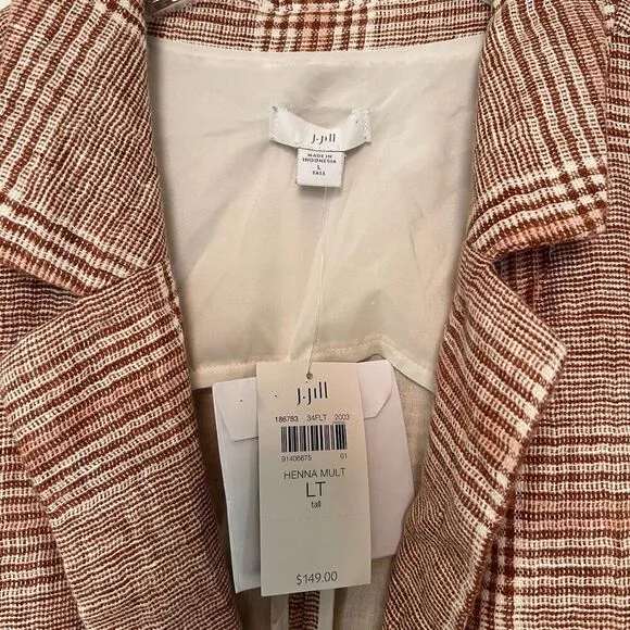 NWT J. Jill Linen Blend Oversized Plaid Blazer Jacket LT