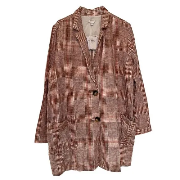 NWT J. Jill Linen Blend Oversized Plaid Blazer Jacket LT