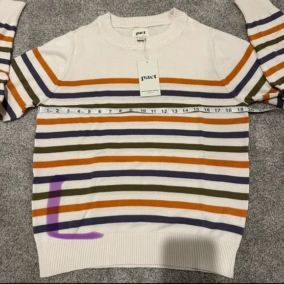 NWT Pact 100% Organic Cotton Classic Fine Knit Crew Neck Stripe Pullover Sweater