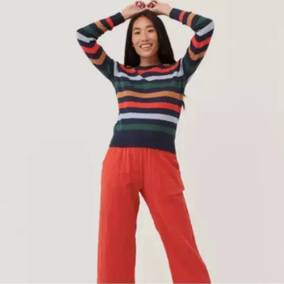 NWT Pact 100% Organic Cotton Classic Fine Knit Crew Neck Stripe Pullover Sweater