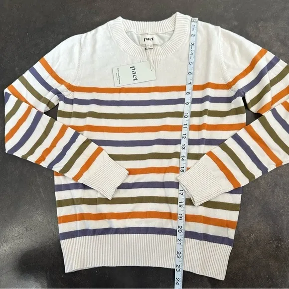 NWT Pact 100% Organic Cotton Classic Fine Knit Crew Neck Stripe Pullover Sweater