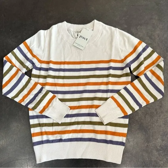 NWT Pact 100% Organic Cotton Classic Fine Knit Crew Neck Stripe Pullover Sweater