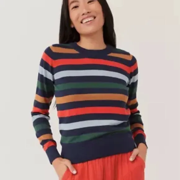 NWT Pact 100% Organic Cotton Classic Fine Knit Crew Neck Stripe Pullover Sweater
