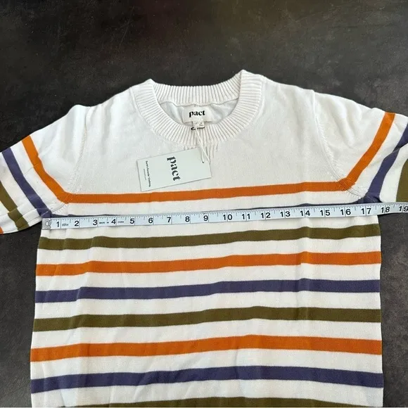 NWT Pact 100% Organic Cotton Classic Fine Knit Crew Neck Stripe Pullover Sweater