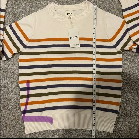 NWT Pact 100% Organic Cotton Classic Fine Knit Crew Neck Stripe Pullover Sweater