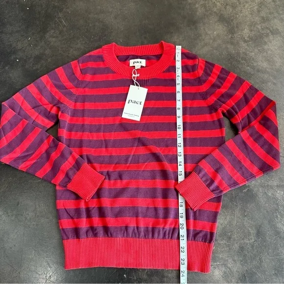 NWT Pact 100% Organic Cotton Classic Fine Knit Crew Neck Stripe Pullover Sweater