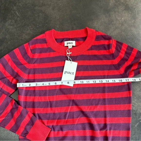 NWT Pact 100% Organic Cotton Classic Fine Knit Crew Neck Stripe Pullover Sweater