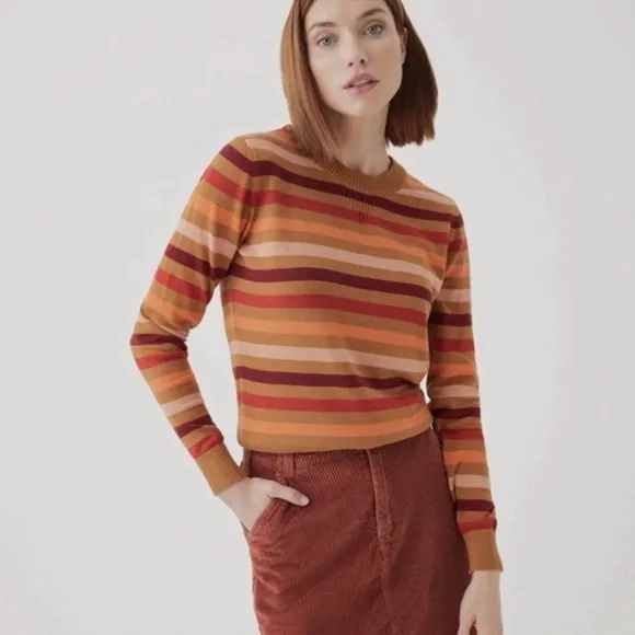 NWT Pact 100% Organic Cotton Classic Fine Knit Crew Neck Stripe Pullover Sweater