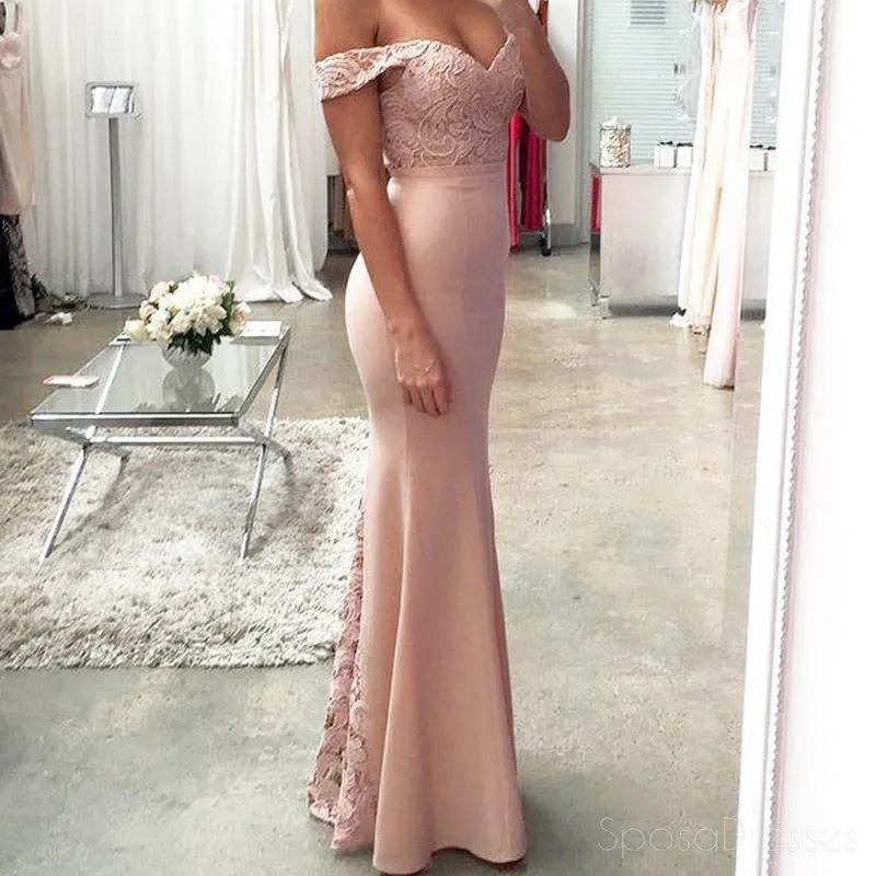 Off Shoulder Blush Pink Mermaid Evening Prom Dresses, Long Lace Party Prom Dresses, 17061