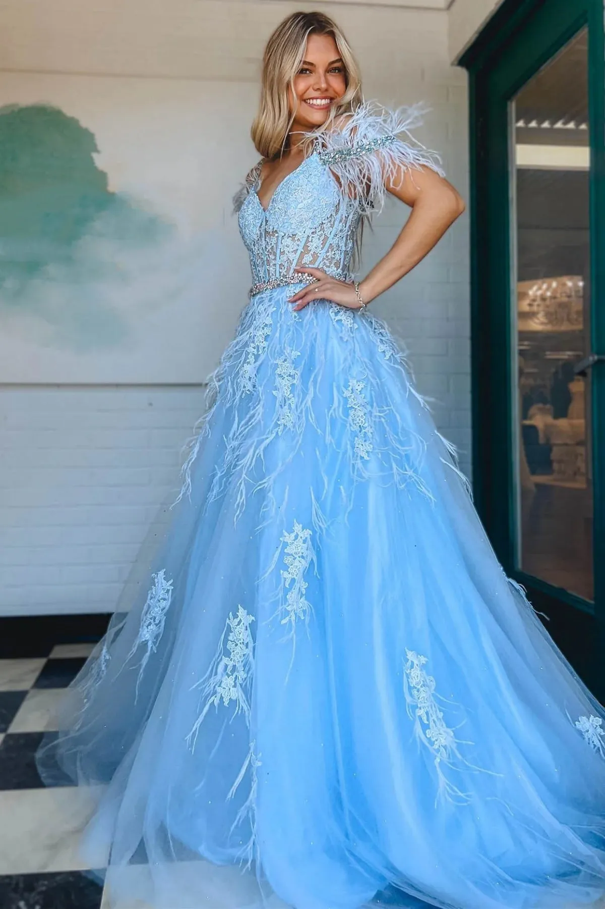 Off Shoulder Light Blue Lace Long Prom Dress with Belt, Beaded Off the Shoulder Formal Dress, Light Blue Lace Evening Dress A1986