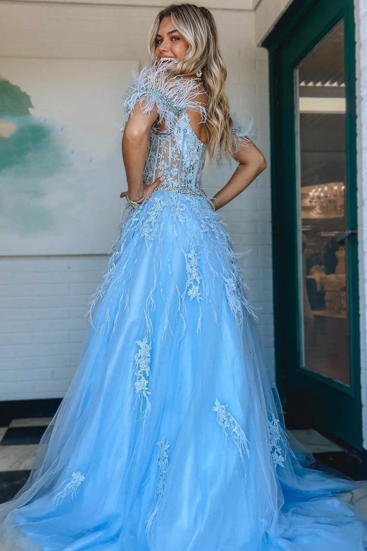 Off Shoulder Light Blue Lace Long Prom Dress with Belt, Beaded Off the Shoulder Formal Dress, Light Blue Lace Evening Dress A1986