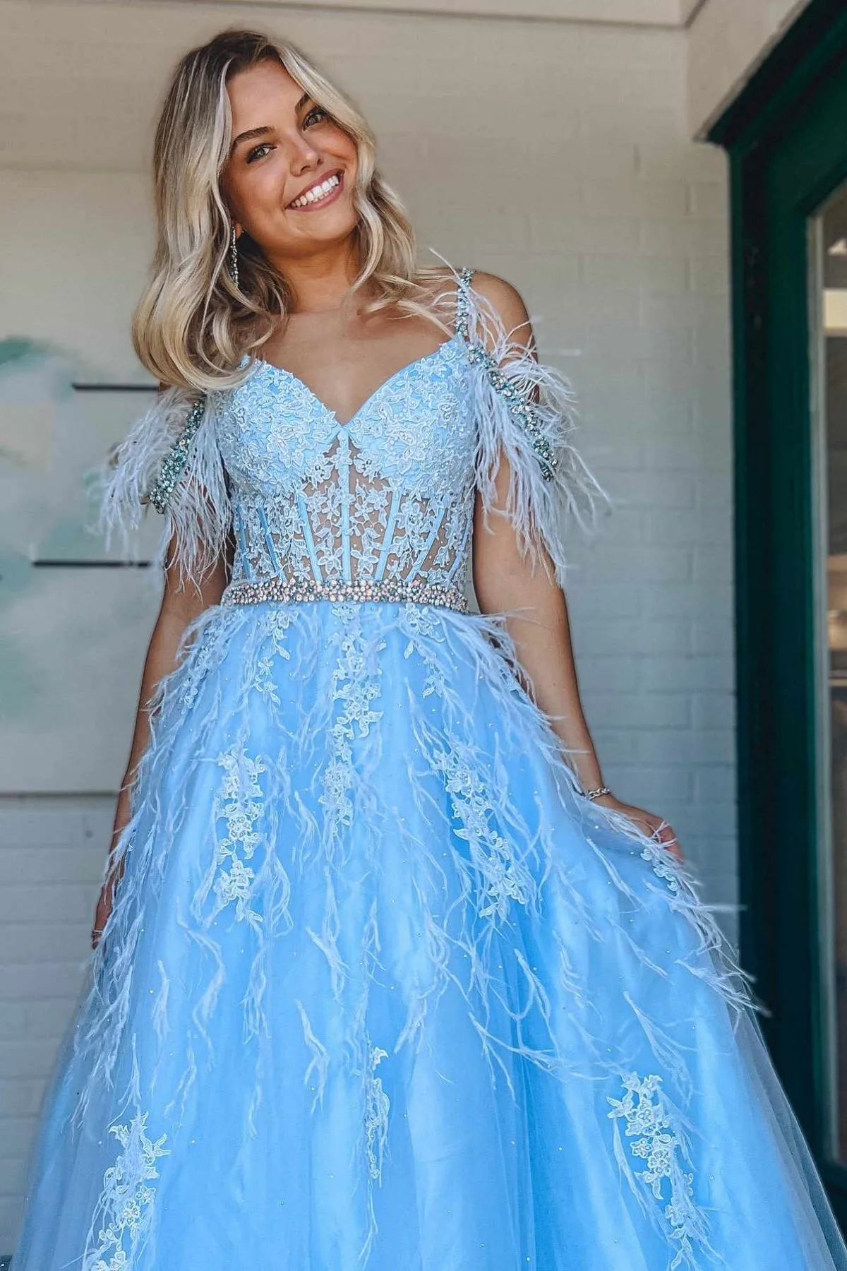 Off Shoulder Light Blue Lace Long Prom Dress with Belt, Beaded Off the Shoulder Formal Dress, Light Blue Lace Evening Dress A1986