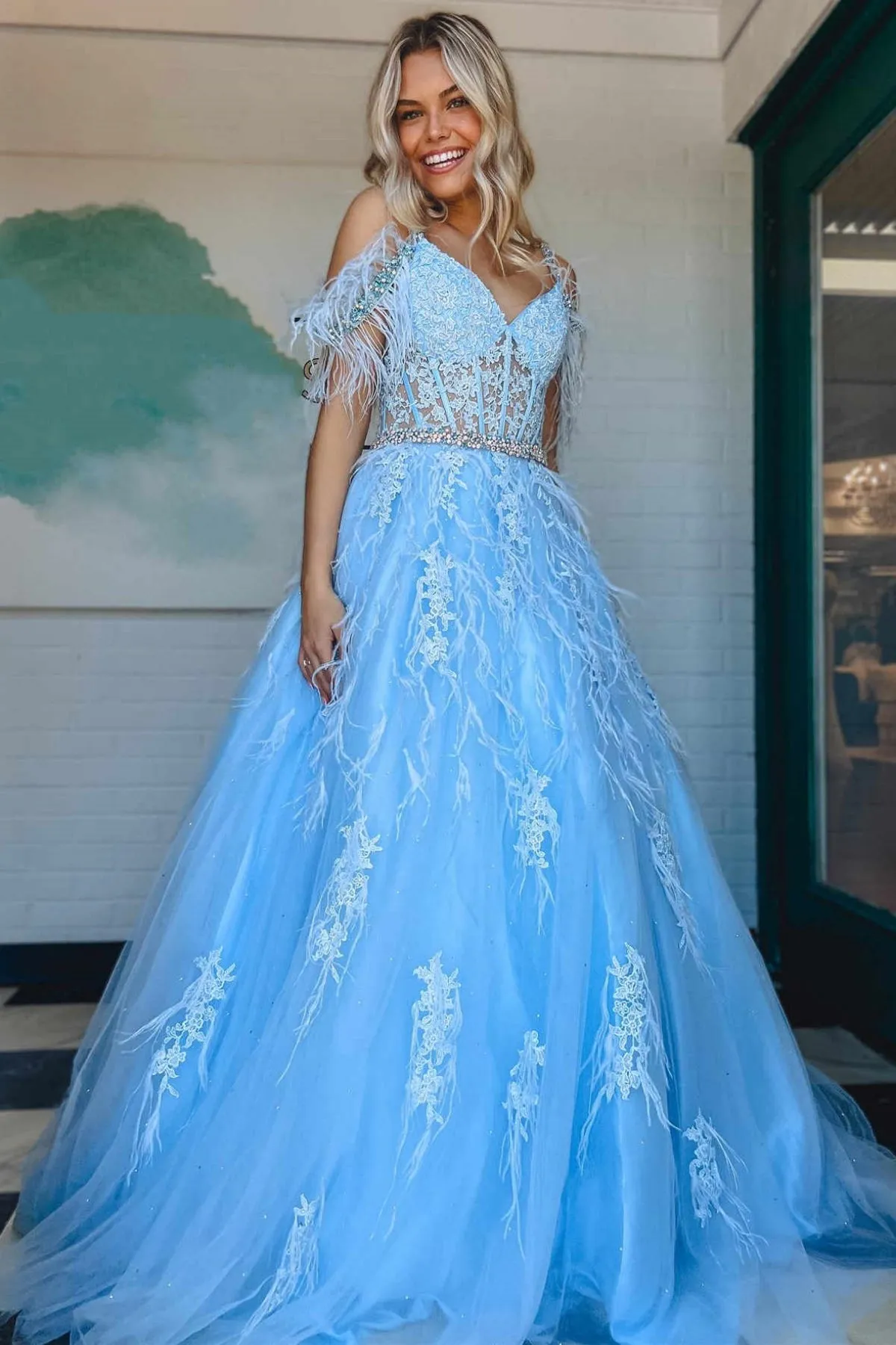 Off Shoulder Light Blue Lace Long Prom Dress with Belt, Beaded Off the Shoulder Formal Dress, Light Blue Lace Evening Dress A1986