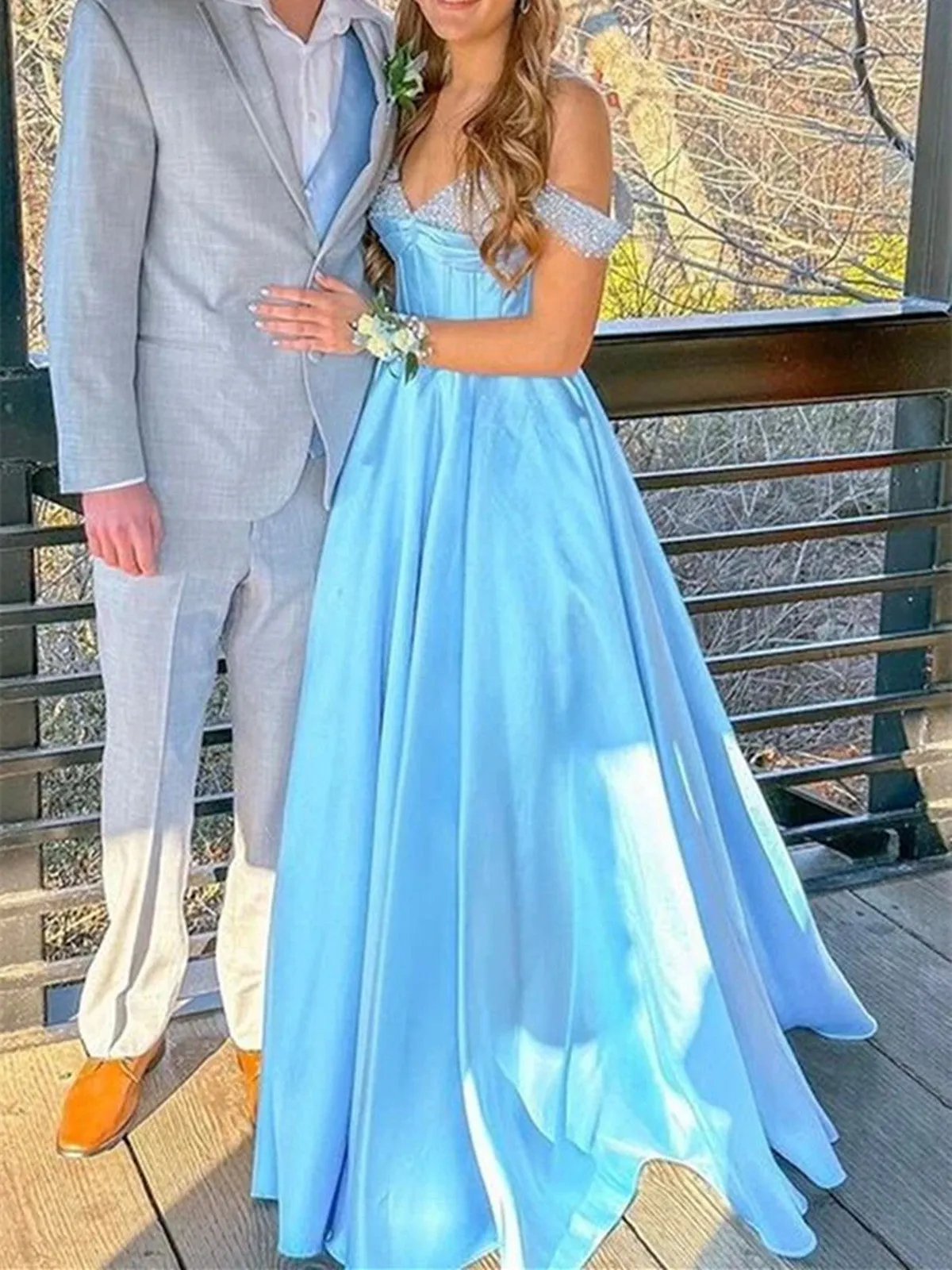 Off the Shoulder Beaded Light Blue Satin Long Prom Dresses, Light Blue Formal Graduation Evening Dresses